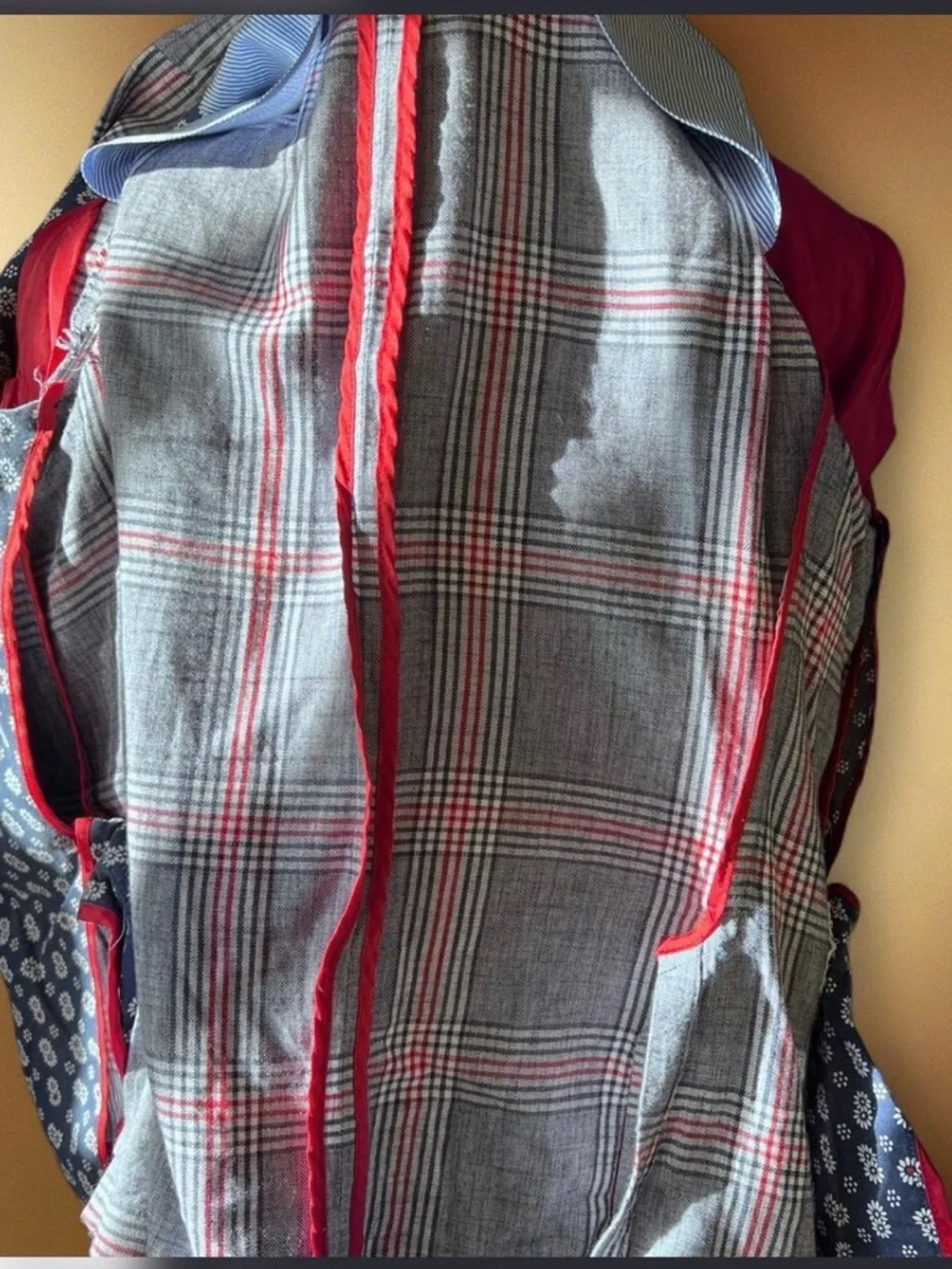Zara Gray Plaid Sport Coat with Pink Windowpane and Navy Elbow Patches